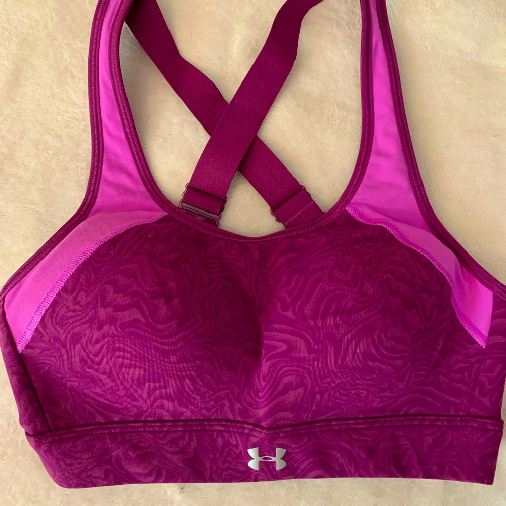 Under Armour purple/pink patterned high support sports bra.